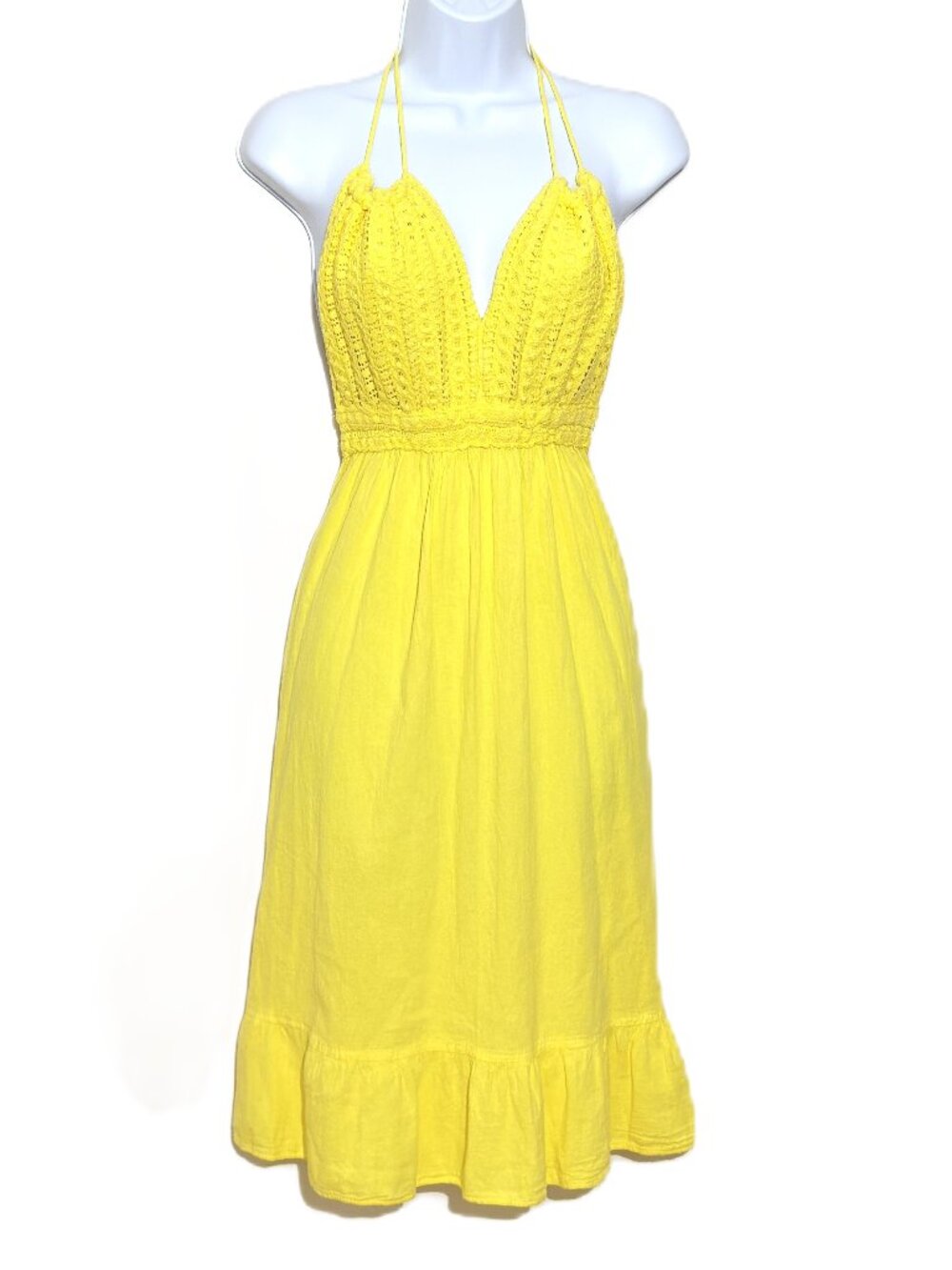 Seaspice Peruvian Cotton Halter Dress Womens S M Yellow Crochet Lace Resort Midi